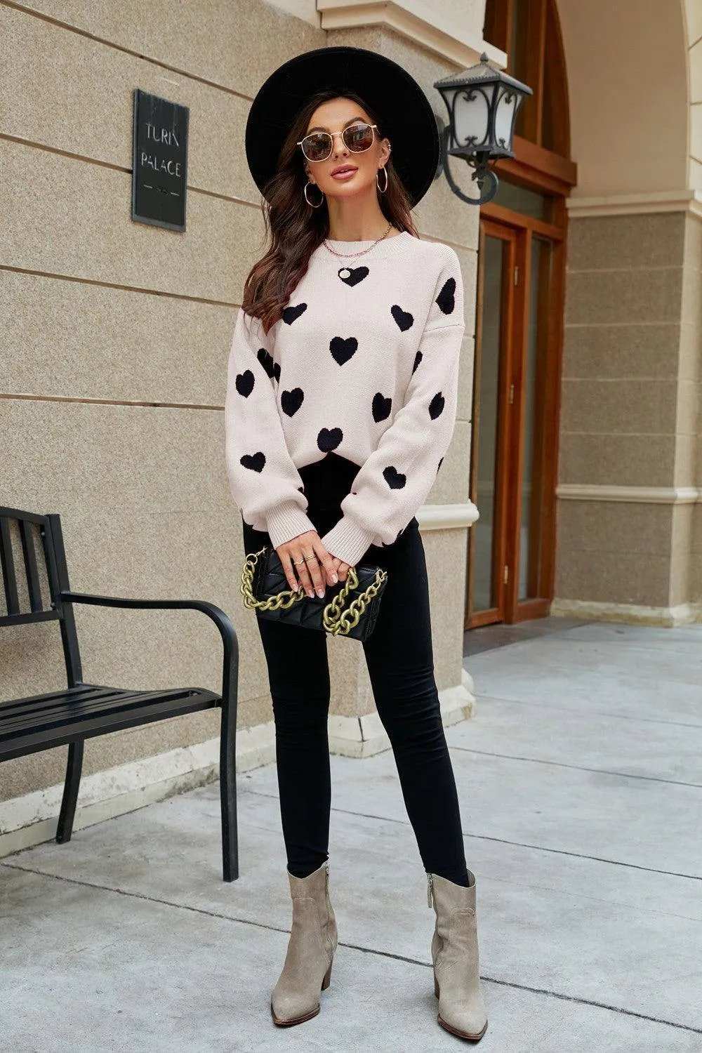 Heart Pattern Lantern Sleeve Round Neck Tunic Sweater - Trendsi - Flyclothing LLC