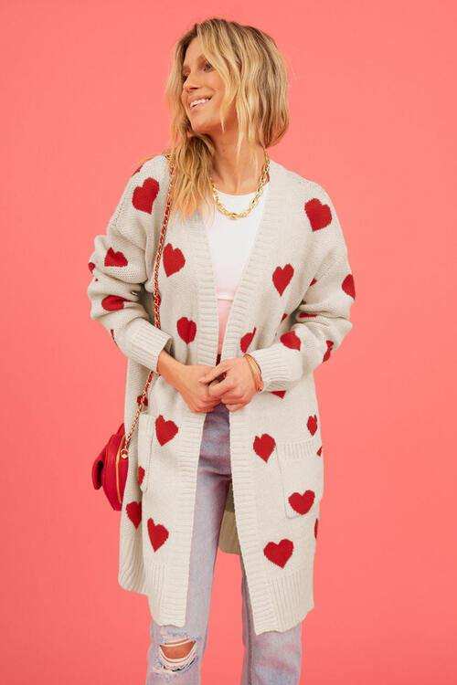 Heart Graphic Open Front Cardigan with Pockets - Trendsi - Flyclothing LLC