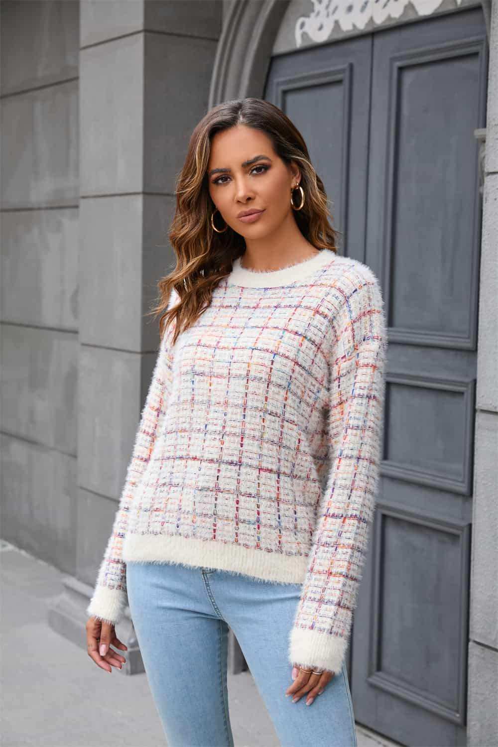 Plaid Round Neck Long Sleeve Pullover Sweater - Trendsi - Flyclothing LLC