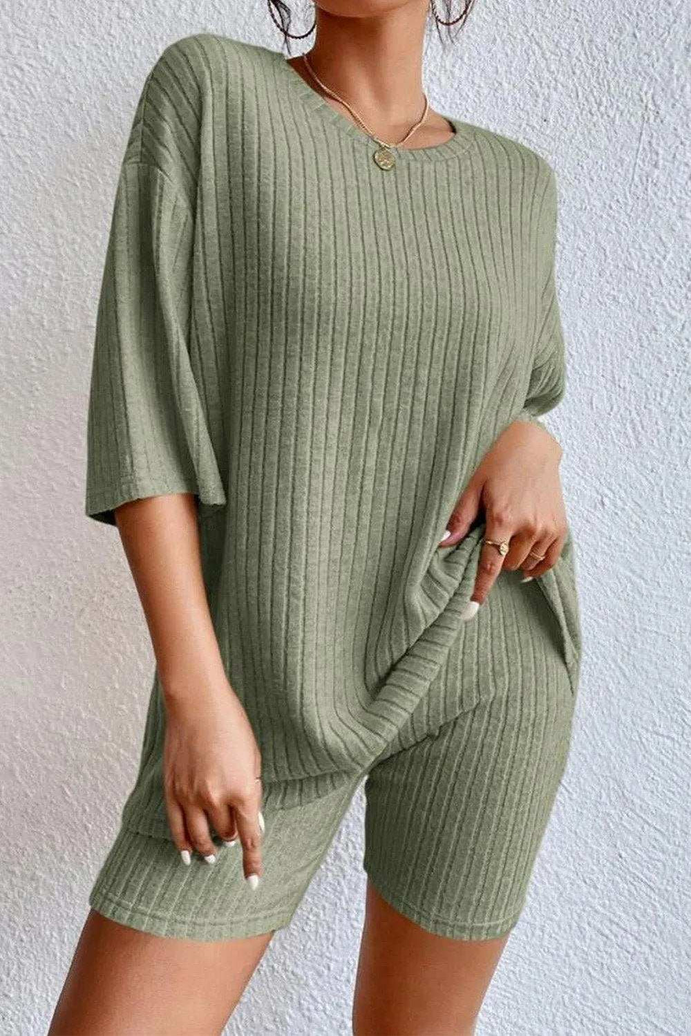 Round Neck Ribbed Top and Shorts Lounge Set - Trendsi - Flyclothing LLC