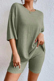 Round Neck Ribbed Top and Shorts Lounge Set - Trendsi - Flyclothing LLC