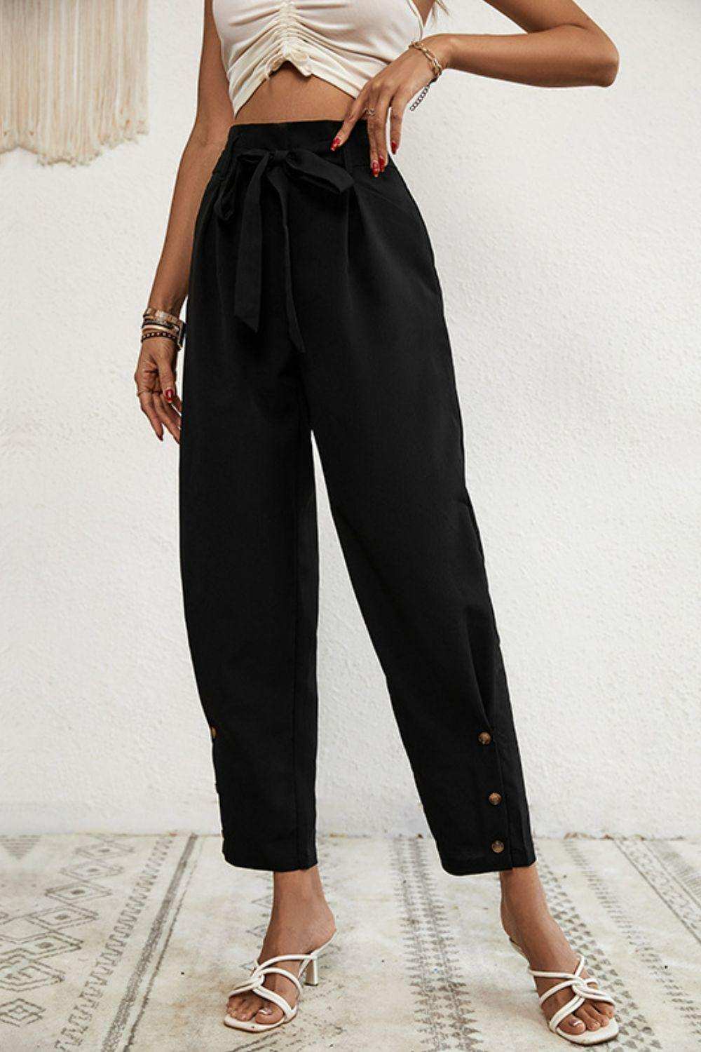 Buttoned Tie-Waist Cropped Pants - Trendsi - Flyclothing LLC