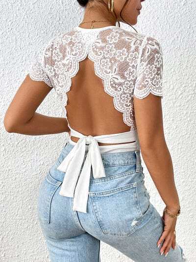 Lace Backless Round Neck Bodysuit - Trendsi - Flyclothing LLC