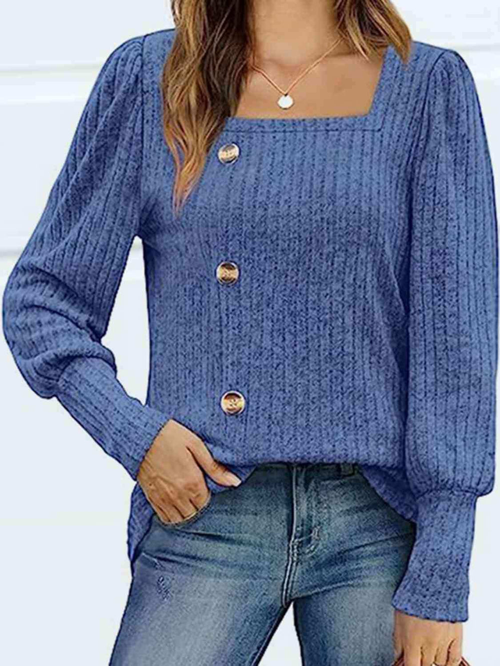 Decorative Button Square Neck Top - Trendsi - Flyclothing LLC
