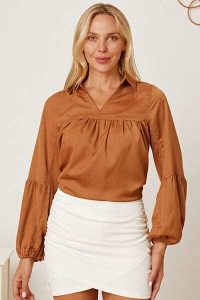Balloon Sleeve Collared Neck Blouse - Trendsi - Flyclothing LLC