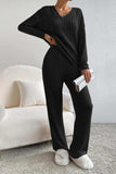 Ribbed V-Neck Top and Pants Set - Trendsi - Flyclothing LLC