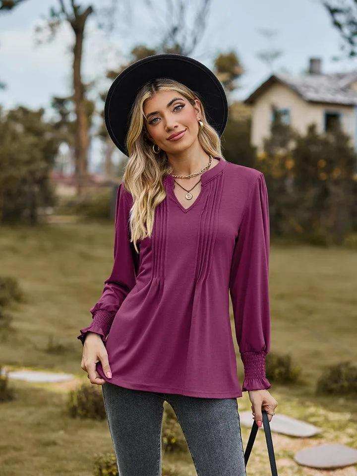 Notched Neck Flounce Sleeve Blouse - Trendsi - Flyclothing LLC