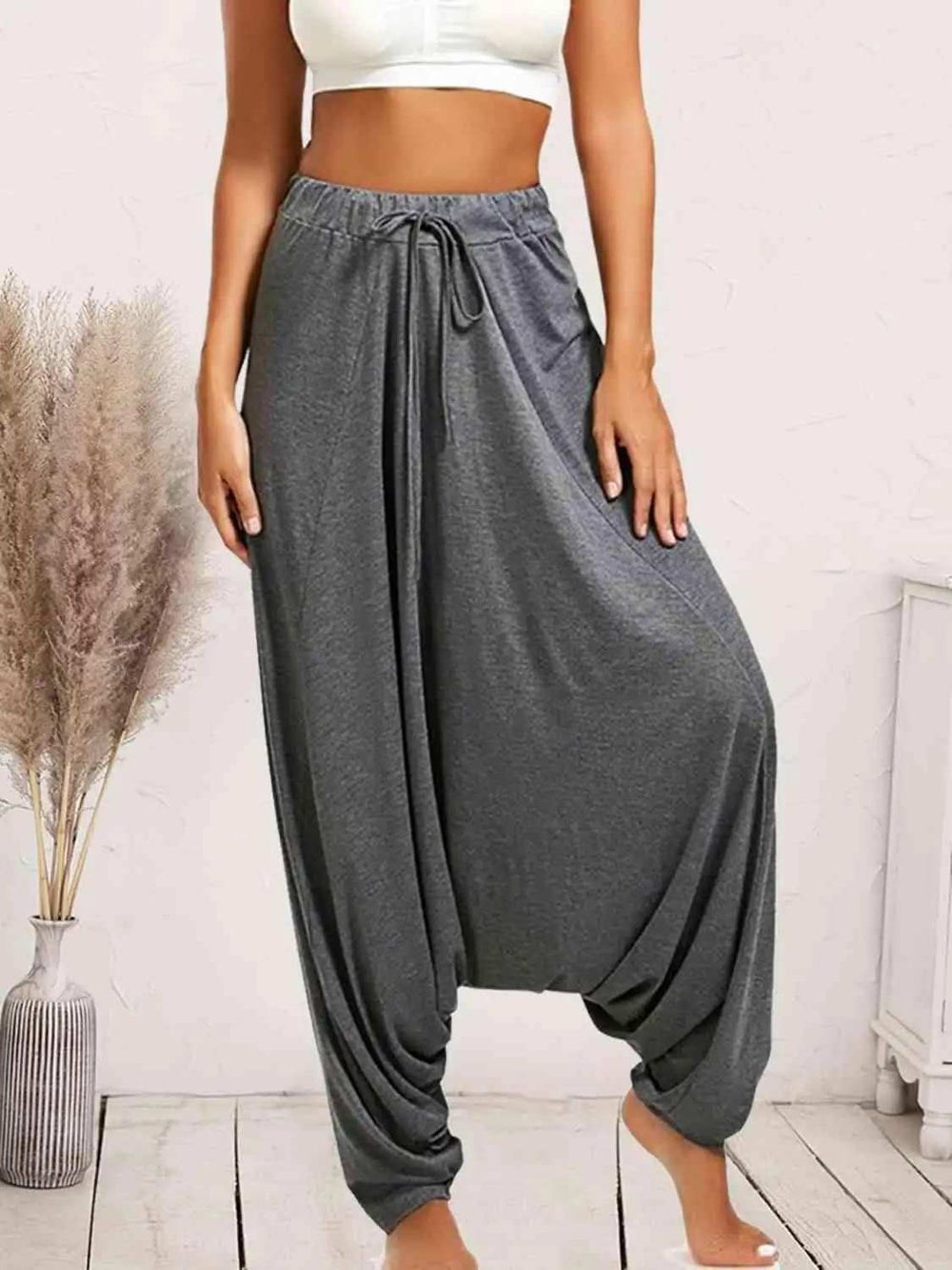 Tied Mid Waist Long Harem Pants - Trendsi - Flyclothing LLC