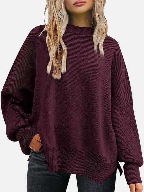 Round Neck Drop Shoulder Slit Sweater - Trendsi - Flyclothing LLC