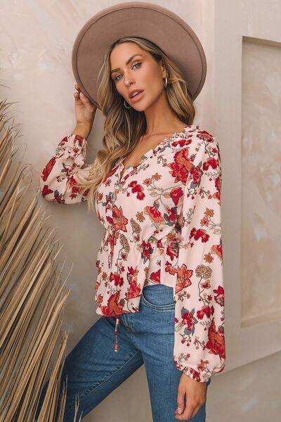 Floral V-Neck Drawstring Peplum Blouse - Trendsi - Flyclothing LLC