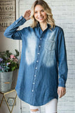 Veveret Pocketed Button Up Washed Denim Shirt - Trendsi - Flyclothing LLC