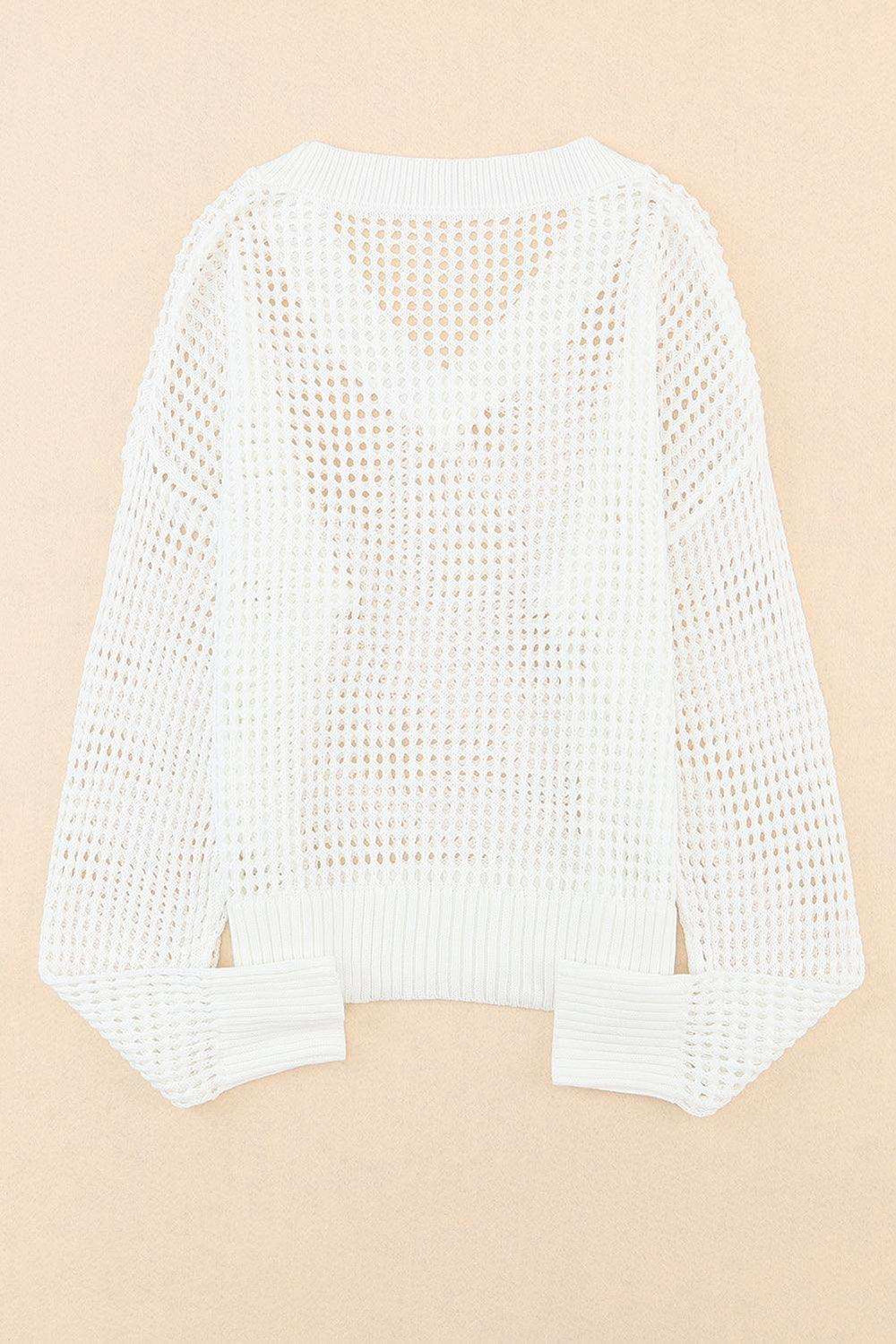 Openwork V-Neck Dropped Shoulder Knit Top - Trendsi - Flyclothing LLC
