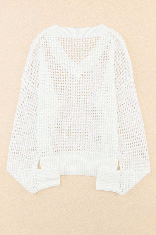 Openwork V-Neck Dropped Shoulder Knit Top - Trendsi - Flyclothing LLC