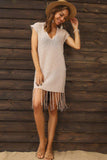 Fringe Hem Short Sleeve Deep V Cover Up Dress - Trendsi - Flyclothing LLC