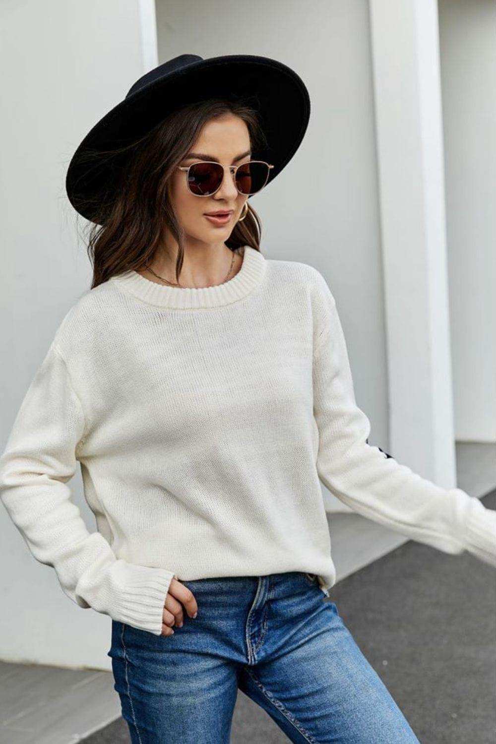 Round Neck Dropped Shoulder Sweater - Trendsi - Flyclothing LLC