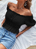 Off-Shoulder Frill Trim Peplum Top - Trendsi - Flyclothing LLC