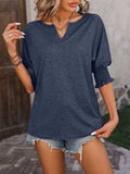 Heathered Notched Lantern Sleeve Blouse - Trendsi - Flyclothing LLC