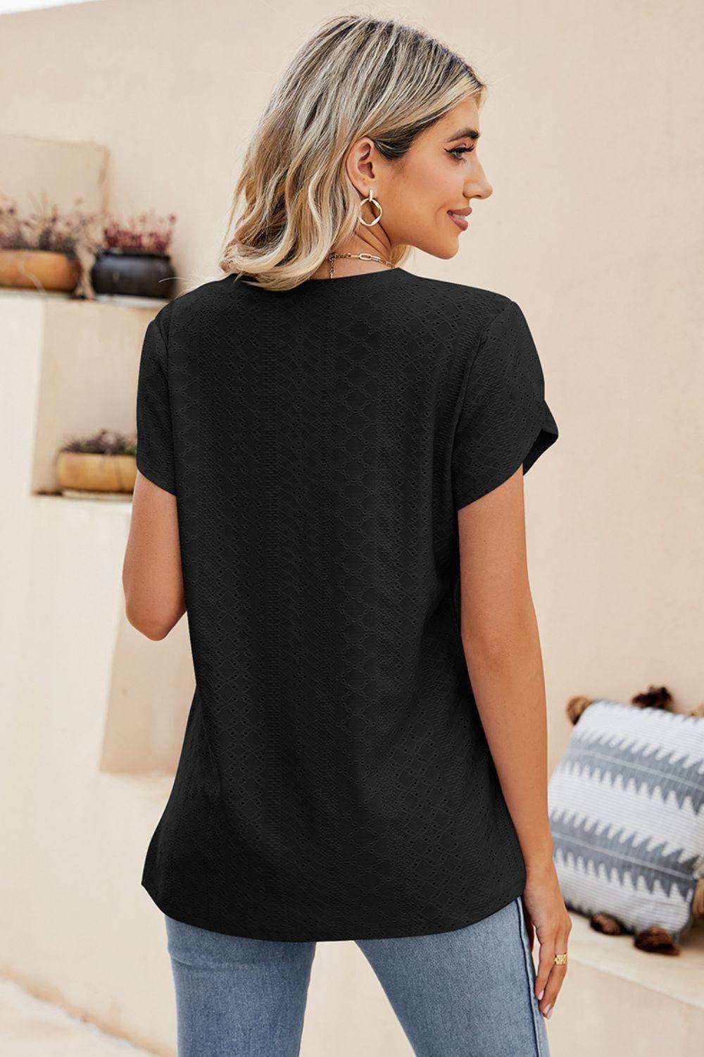 Eyelet Petal Sleeve V-Neck Knit Top - Trendsi - Flyclothing LLC