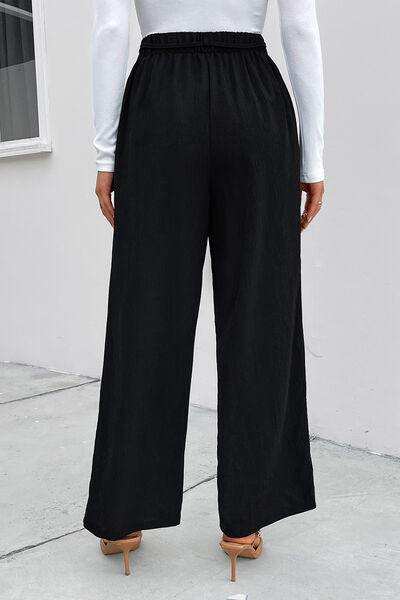 High Waist Ruched Tie Front Wide Leg Pants - Trendsi - Flyclothing LLC