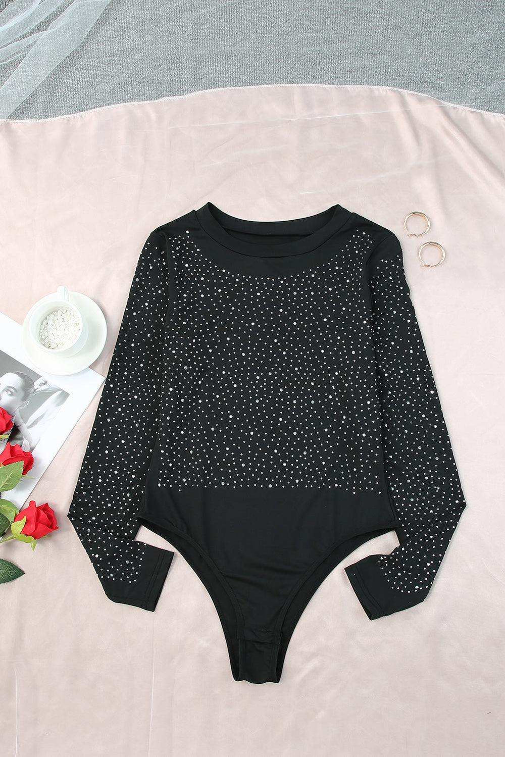 Rhinestone Round Neck Long Sleeve Bodysuit - Trendsi - Flyclothing LLC