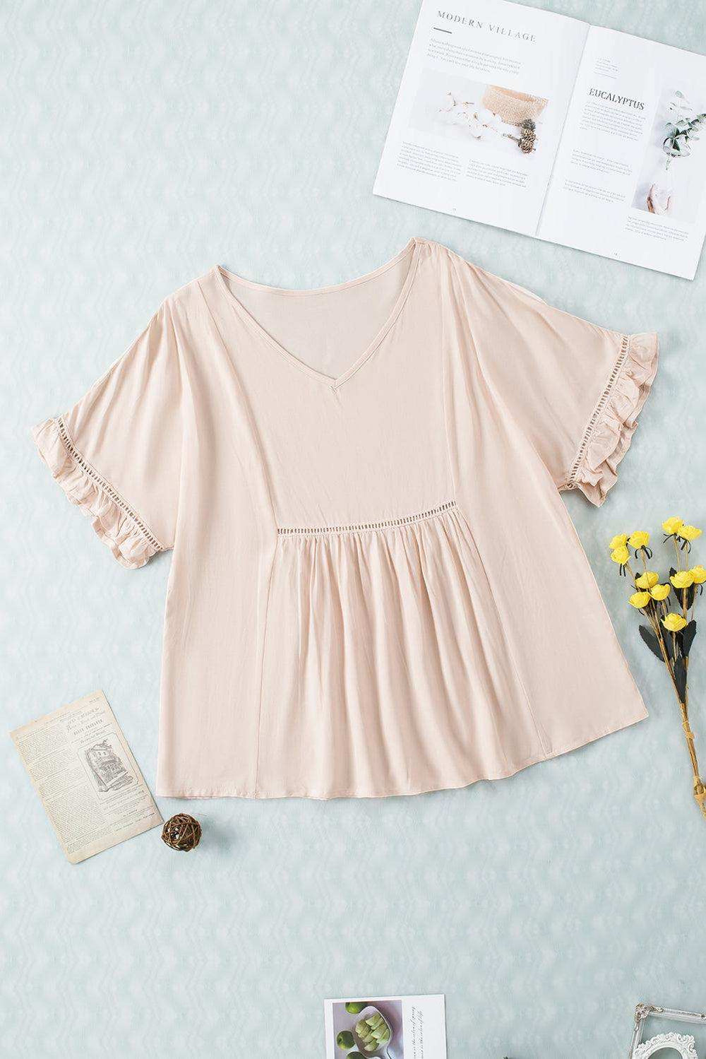 V-Neck Flounce Sleeve Babydoll Blouse - Trendsi - Flyclothing LLC
