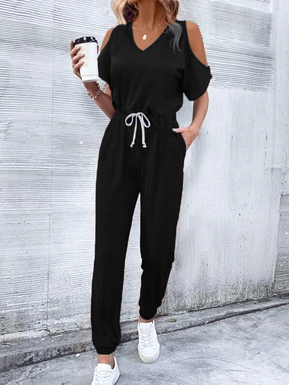 V-Neck Cold-Shoulder Jumpsuit with Pockets - Trendsi - Flyclothing LLC