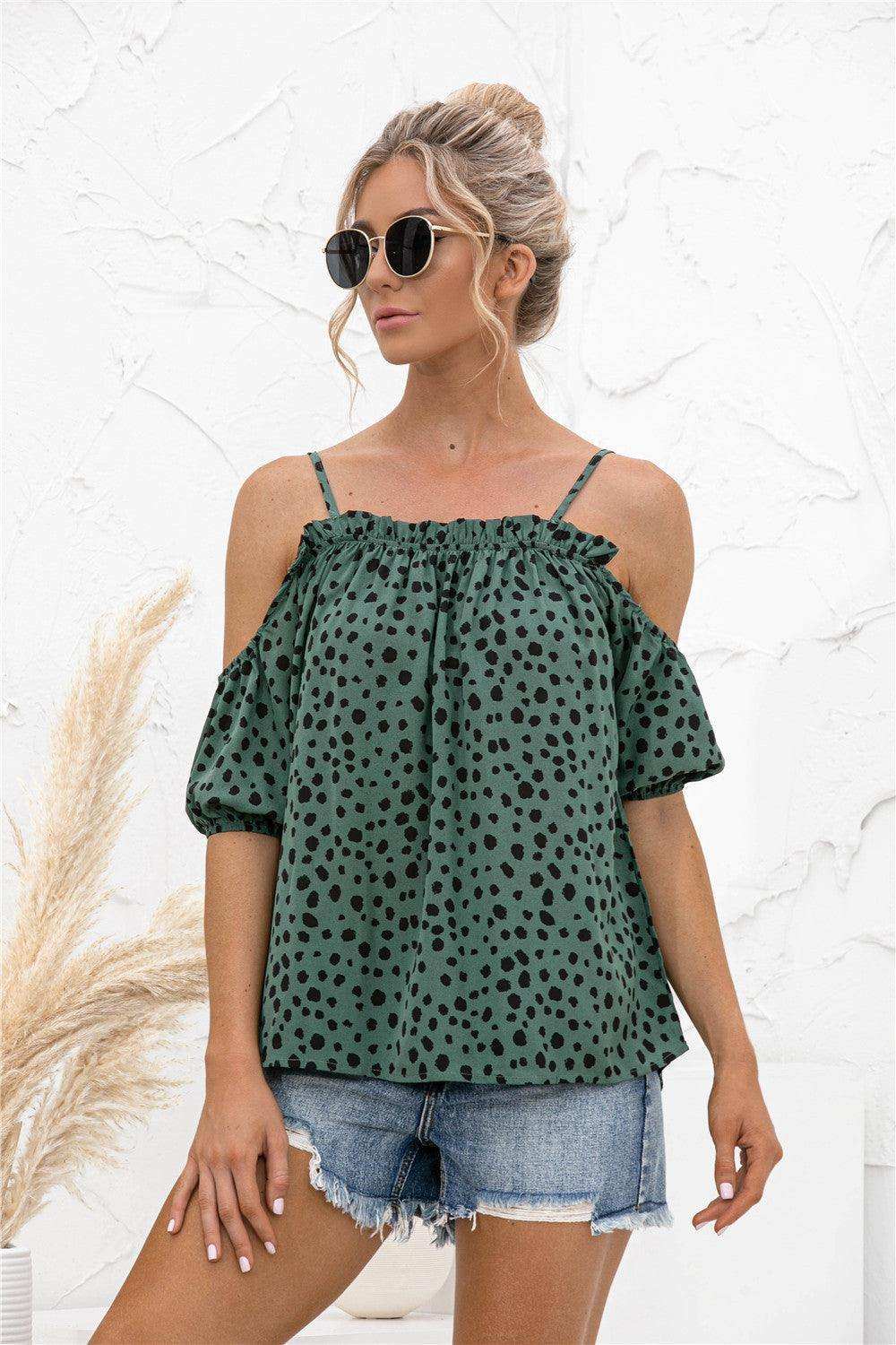 Printed Cold-Shoulder Frill Trim Blouse - Trendsi - Flyclothing LLC