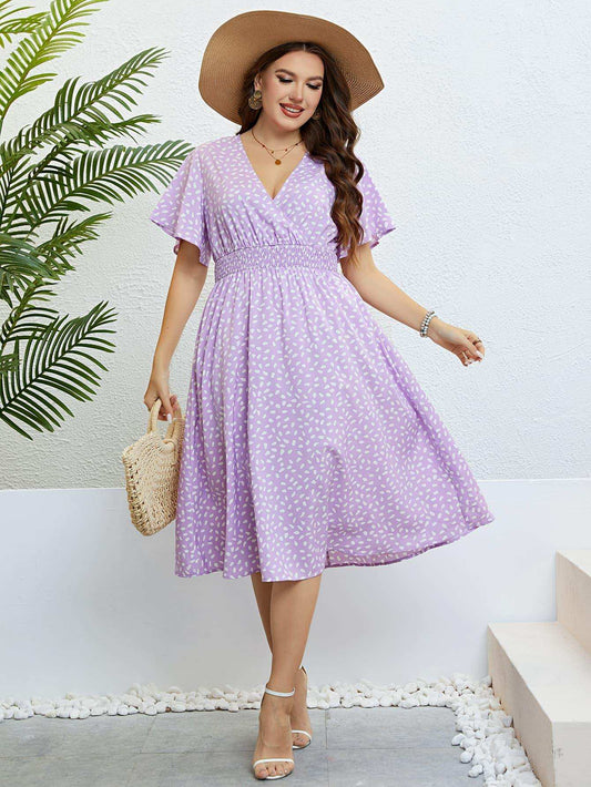 Plus Size Printed Smocked Waist Surplice Dress - Trendsi - Flyclothing LLC