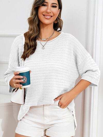 Rolled Round Neck Dropped Shoulder Slit Sweater - Trendsi - Flyclothing LLC