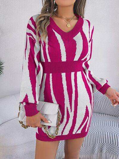 Animal Print V-Neck Long Sleeve Sweater Dress - Trendsi - Flyclothing LLC