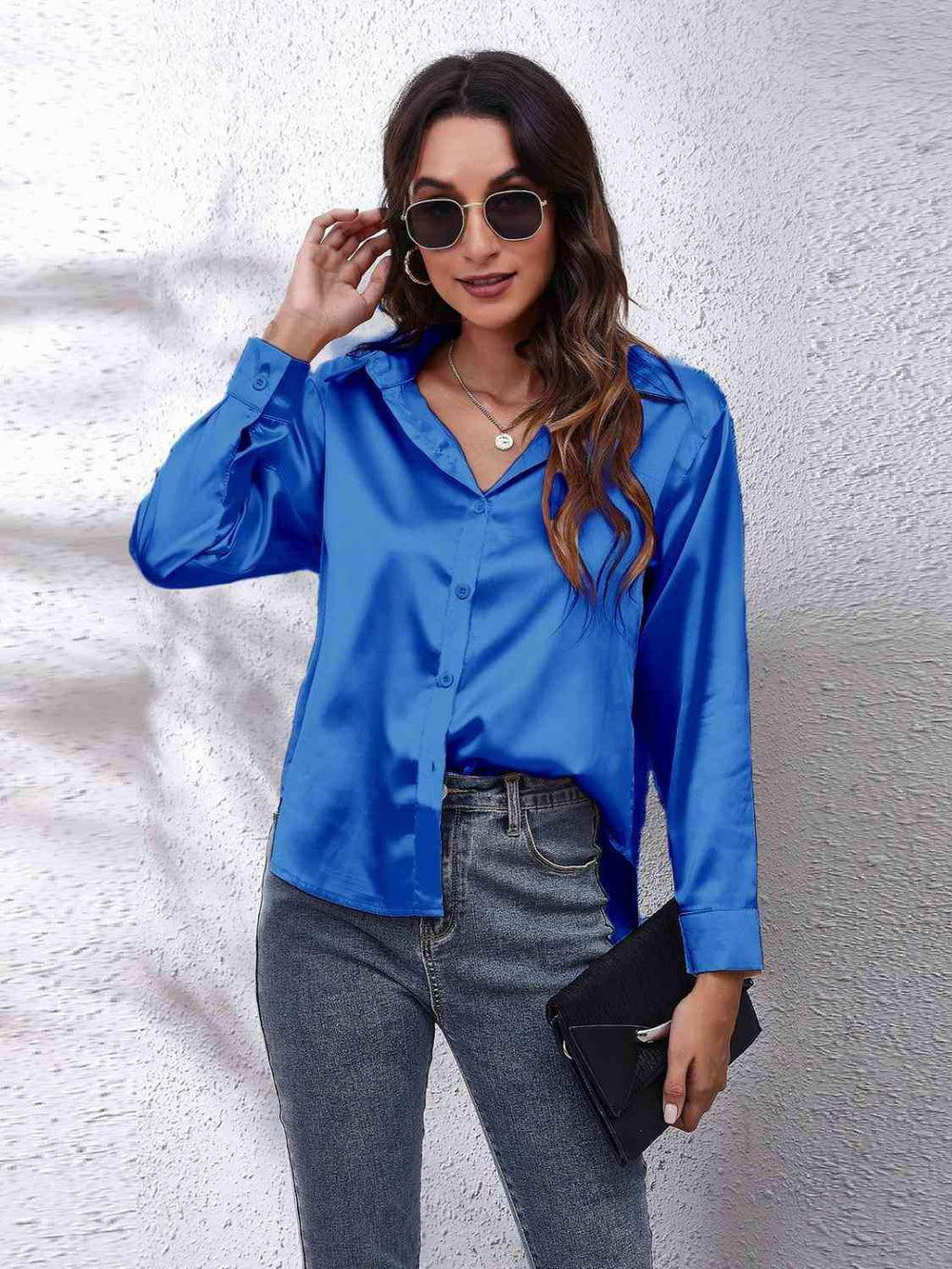 Collared Neck Buttoned Long Sleeve Shirt - Trendsi - Flyclothing LLC