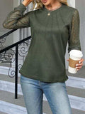 Waffle-Knit Round Neck Long Sleeve Blouse - Trendsi - Flyclothing LLC