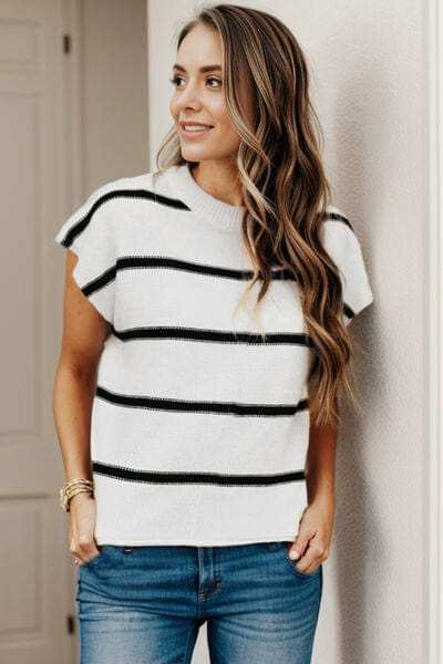 Striped Round Neck Cap Sleeve Sweater - Trendsi - Flyclothing LLC