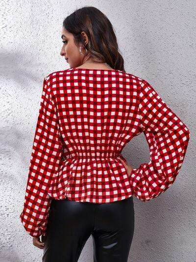 Plaid V-Neck Balloon Sleeve Peplum Blouse - Trendsi - Flyclothing LLC