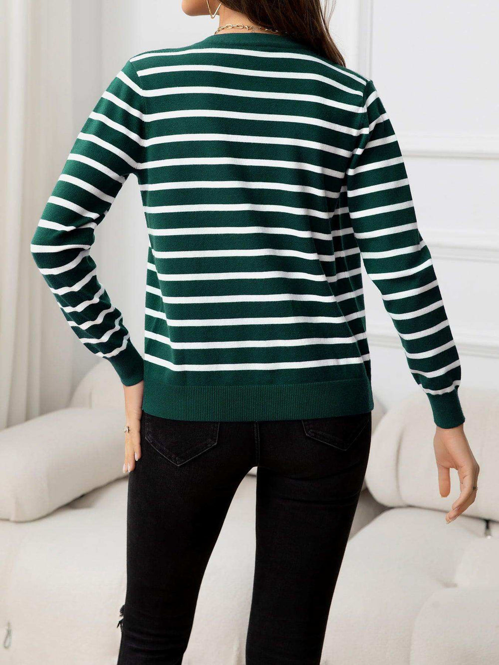 Striped Round Neck Long Sleeve Buttoned Knit Top - Trendsi - Flyclothing LLC