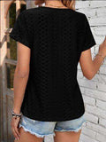 Eyelet V-Neck Short Sleeve T-Shirt - Trendsi - Flyclothing LLC