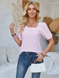 Eyelet Asymmetrical Neck Short Sleeve T-Shirt - Trendsi - Flyclothing LLC