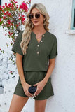 Notched Button Detail Dropped Shoulder Top and Shorts Set - Trendsi - Flyclothing LLC