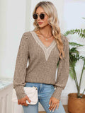 Lace Detail V-Neck Ribbed Blouse - Trendsi - Flyclothing LLC