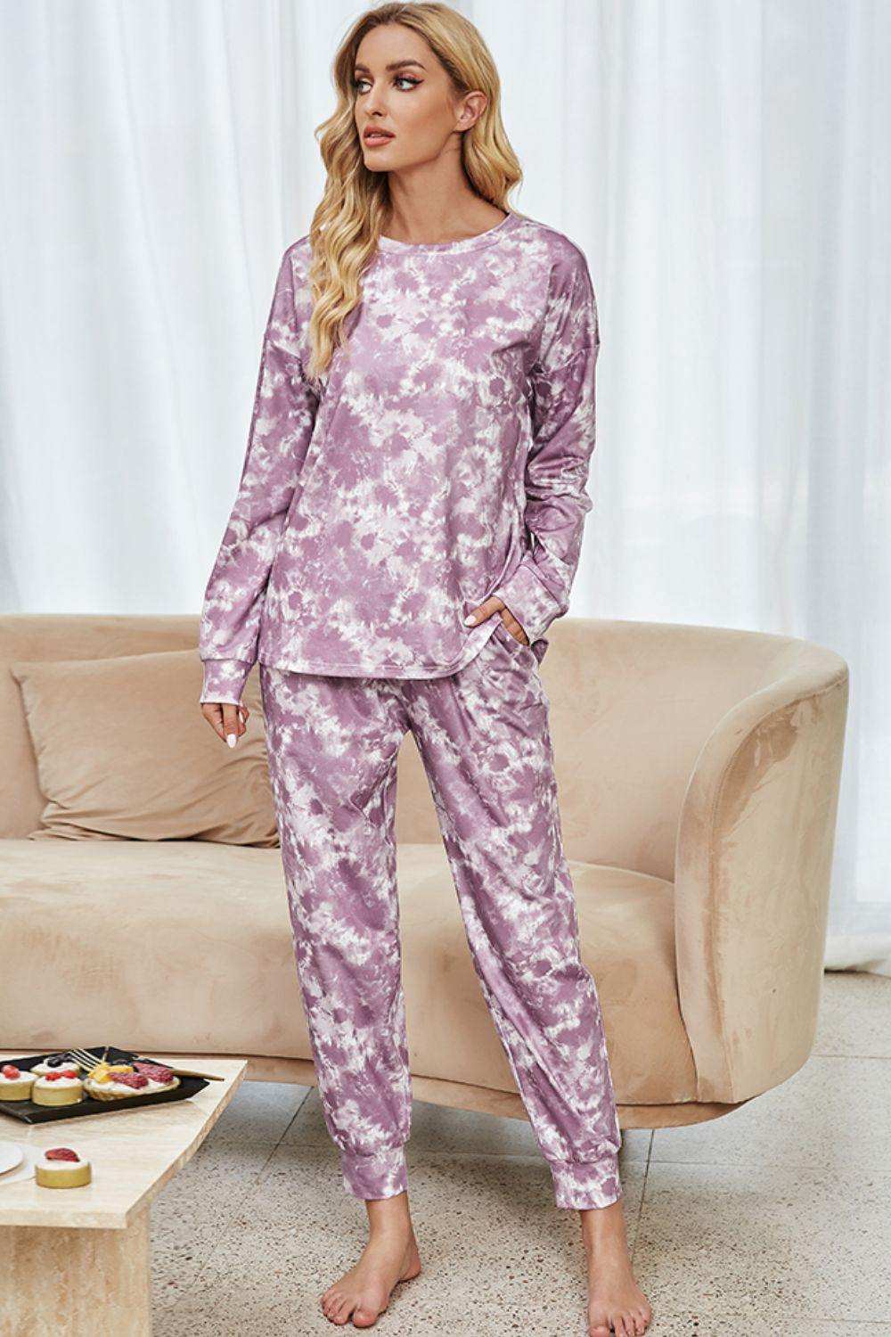 Tie-Dye Long Sleeve Top and Drawstring Joggers Lounge Set - Trendsi - Flyclothing LLC