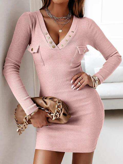 V-Neck Long Sleeve Ribbed Dress - Trendsi - Flyclothing LLC
