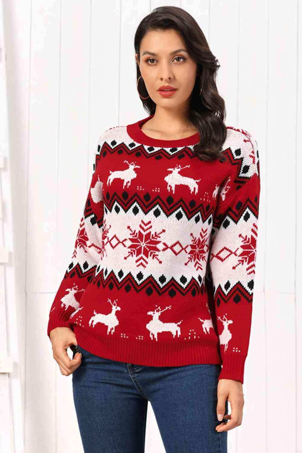 Reindeer Round Neck Sweater - Trendsi - Flyclothing LLC