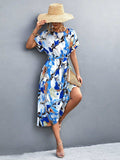 Round Neck Short Sleeve Tie Waist Midi Dress - Trendsi - Flyclothing LLC