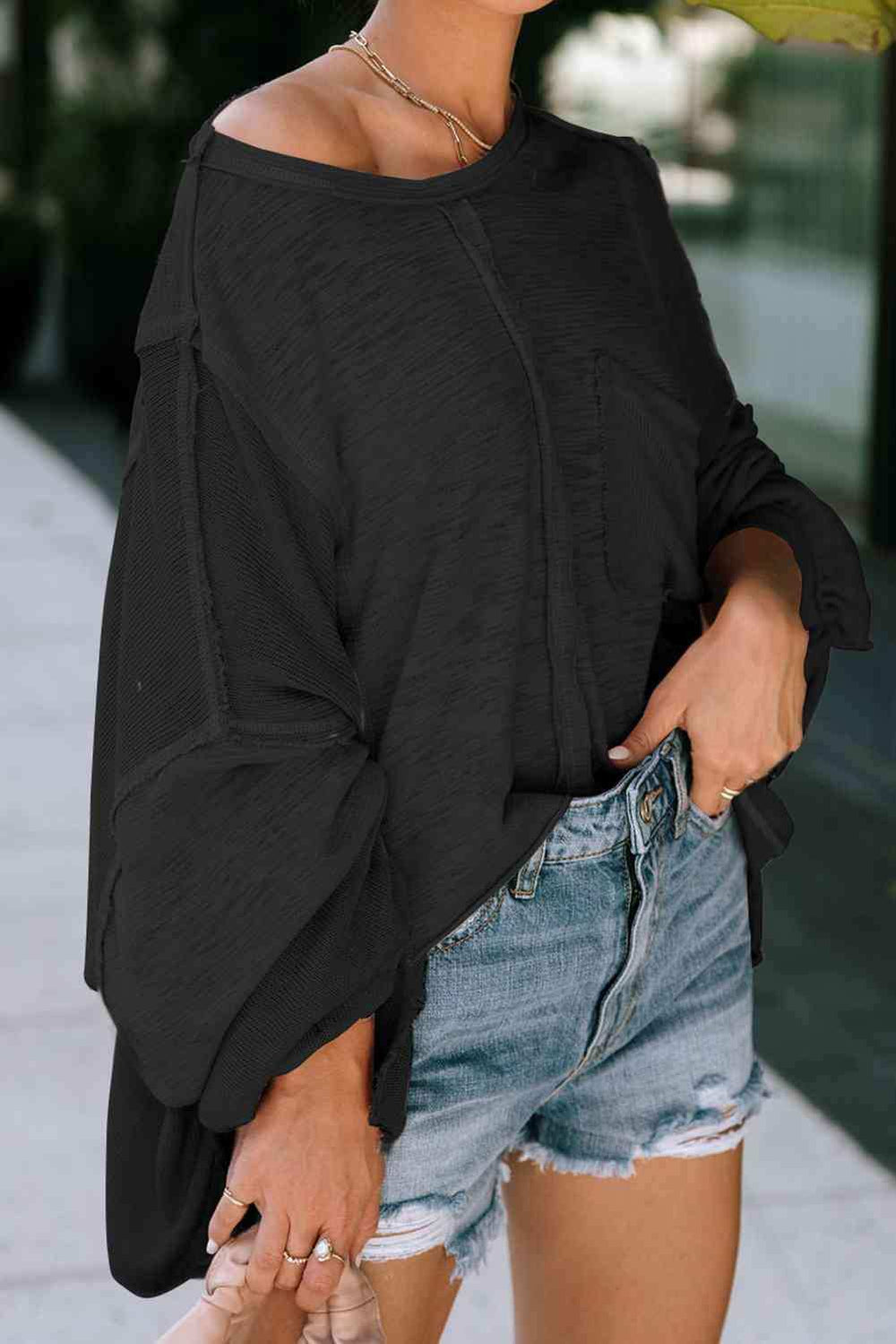 Exposed Seam Round Neck Top with Pocket - Trendsi - Flyclothing LLC