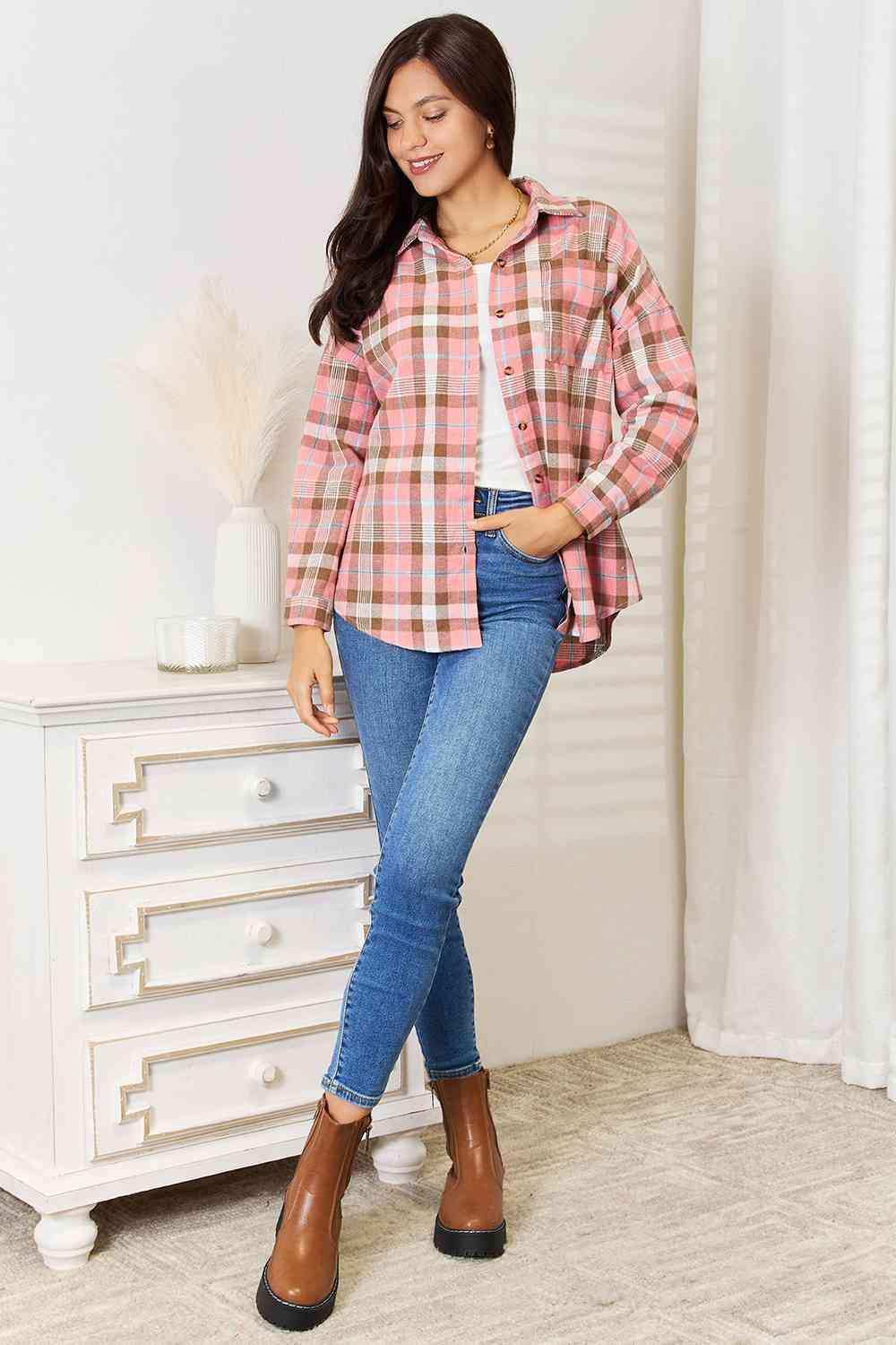 Double Take Plaid Collared Neck Long Sleeve Button-Up Shirt - Trendsi - Flyclothing LLC
