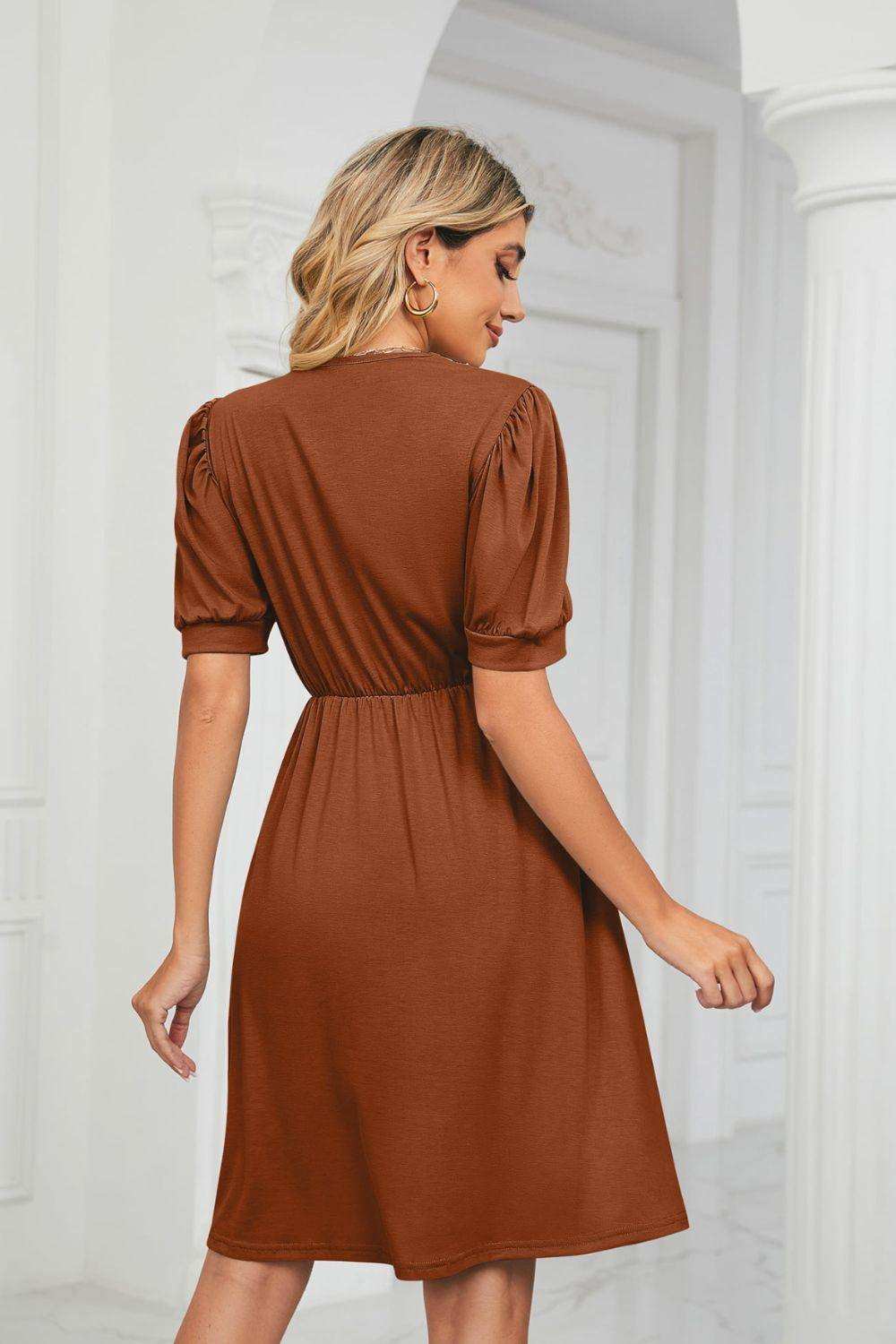 Contrast V-Neck Puff Sleeve Pocket Dress - Trendsi - Flyclothing LLC
