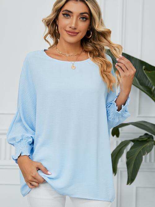 Smocked Lantern Sleeve Round Neck Blouse - Trendsi - Flyclothing LLC