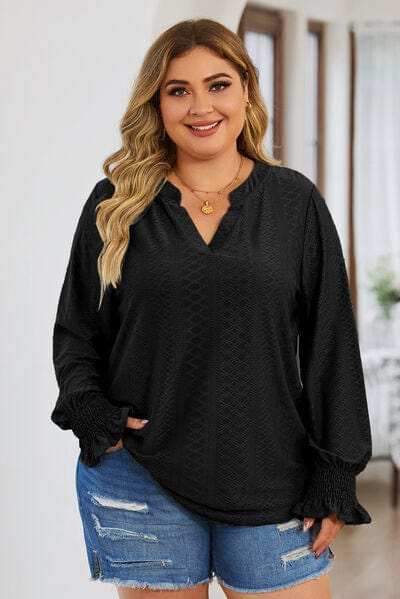 Plus Size Eyelet Notched Flounce Sleeve Blouse - Trendsi - Flyclothing LLC