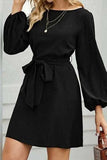 Tied Boat Neck Balloon Sleeve Mini Dress - Trendsi - Flyclothing LLC