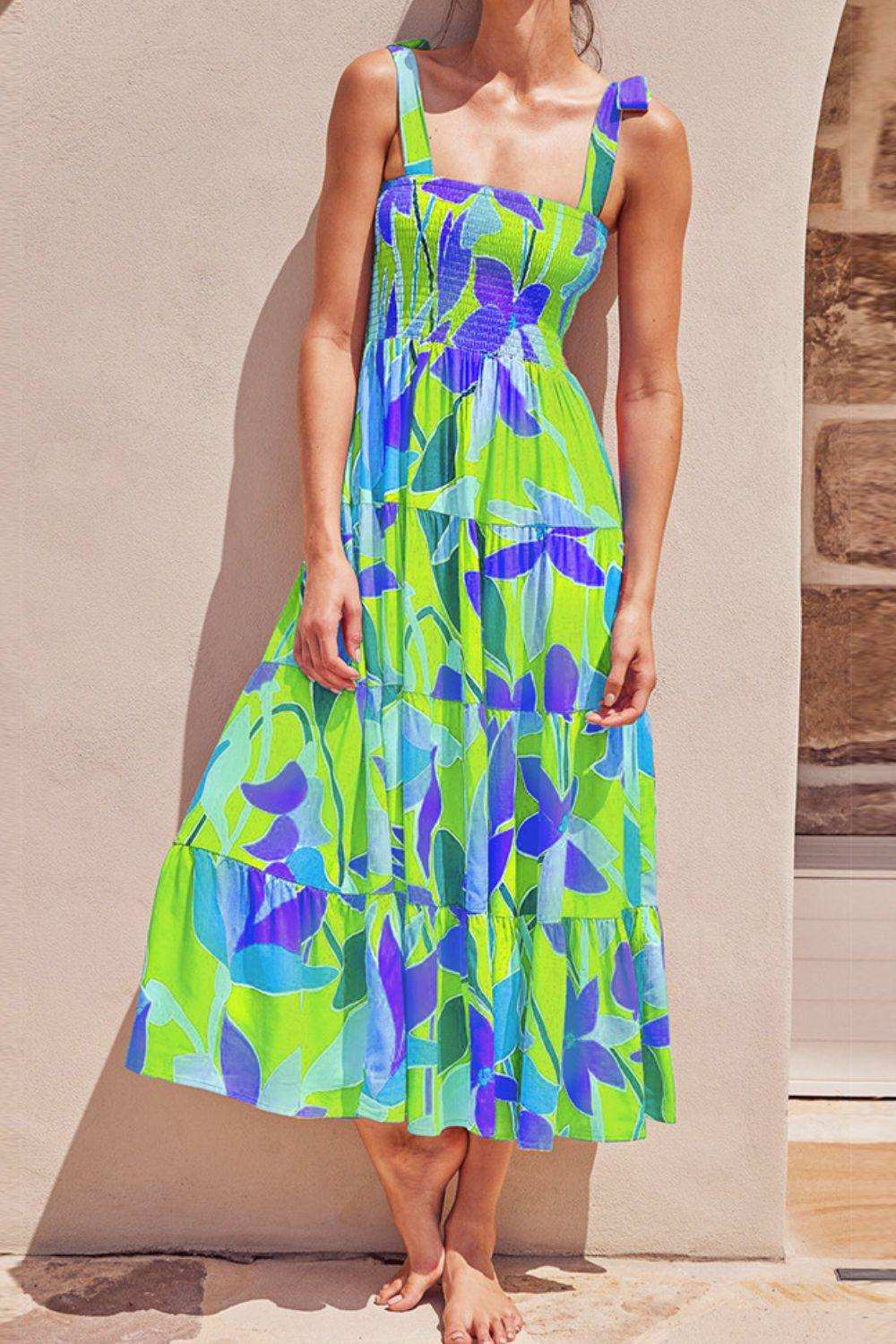 Floral Tie-Shoulder Smocked Midi Dress - Trendsi - Flyclothing LLC